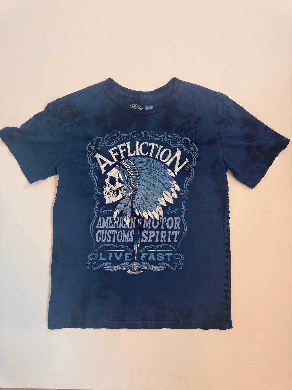 Youth Boys Affliction T-Shirt American Customs Size M Blue Flag Back